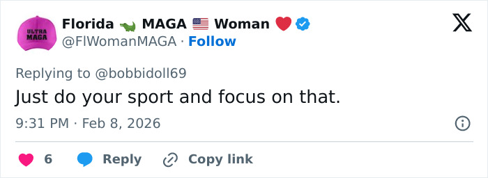 Tweet from Florida MAGA Woman advising to focus on sport amid Amber Glenn terrifying backlash and threats over beliefs.