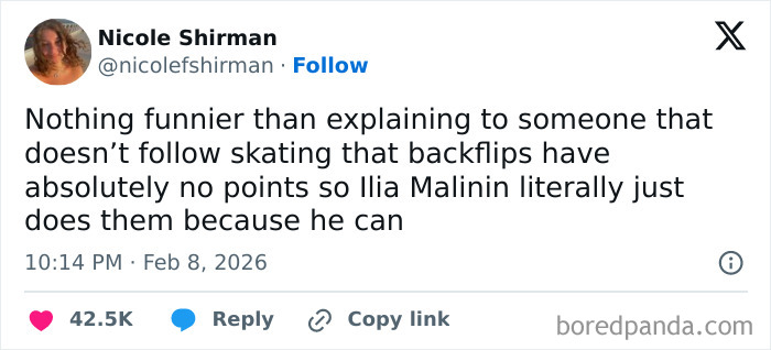 Tweet humorously discussing figure skating backflips and mentions Ilia Malinin, related to 2026 Winter Olympics tweets.