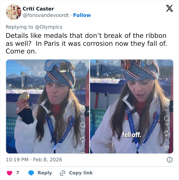 Olympian showing broken medal from TEMU with ribbon falling off, highlighting medal quality issues at recent games.