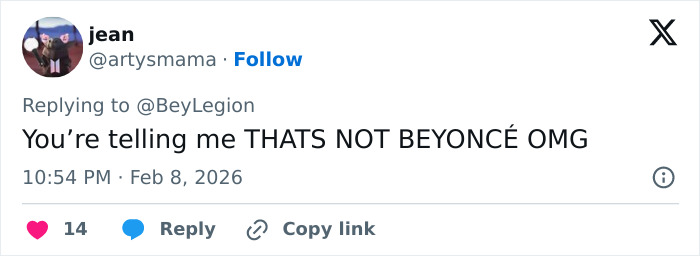 Tweet from a fan amazed by Blue Ivy's strong resemblance to her mom Beyonc&eacute;, sparking genetics discussions at the Super Bowl.