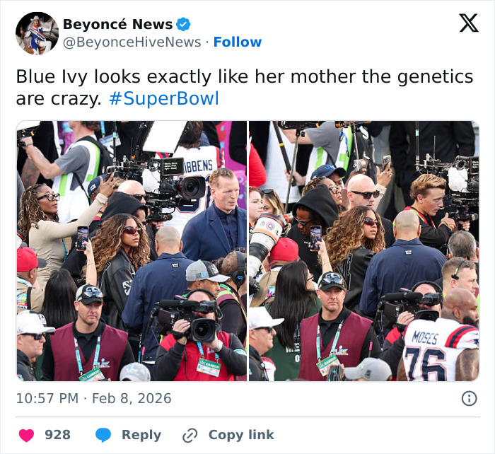 Crowd at Super Bowl with Blue Ivy and mother, showing strong genetics resemblance that confuses fans at the event.