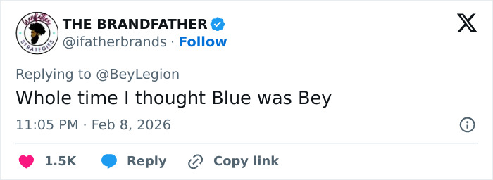 Screenshot of a Twitter reply about Blue Ivy's resemblance to her mom, highlighting fans confused by genetics at the Super Bowl.