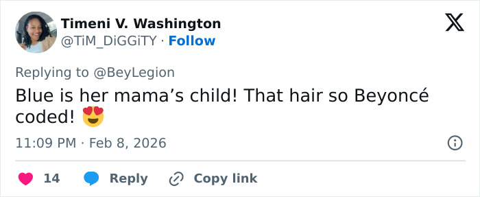 Tweet praising Blue Ivy&rsquo;s resemblance to mom Beyonc&eacute;, highlighting genetics and hair style at the Super Bowl event.