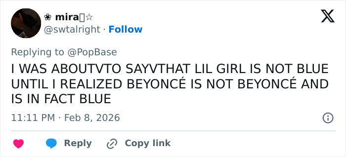 Screenshot of a social media post discussing Blue Ivy&rsquo;s resemblance to her mom and fans&rsquo; reactions at the Super Bowl.