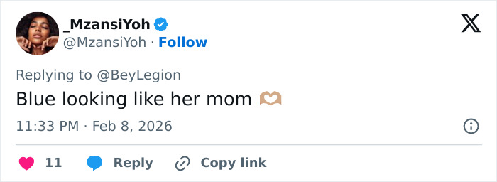 Tweet praising Blue Ivy's resemblance to her mom, highlighting genetics during Super Bowl fan reactions.