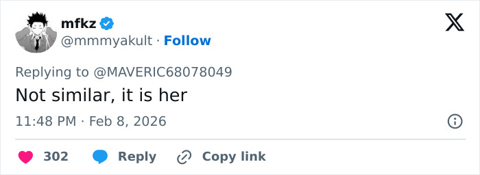 Tweet by user mfkz replying with text Not similar, it is her, in a discussion about Ghislaine Maxwell and Madeleine McCann abductor sketch comparison. Tweet by user mfkz replying with text Not similar, it is her, in a discussion about Ghislaine Maxwell and Madeleine McCann abductor sketch comparison.