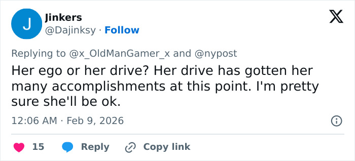 Screenshot of a social media reply discussing Lindsey Vonn's drive amid her ICU stay after Winter Olympics crash.