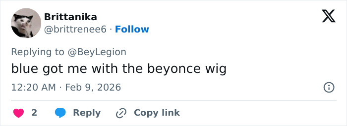 Screenshot of a Twitter reply mentioning Blue Ivy's resemblance to mom, sparking fan confusion at the Super Bowl.