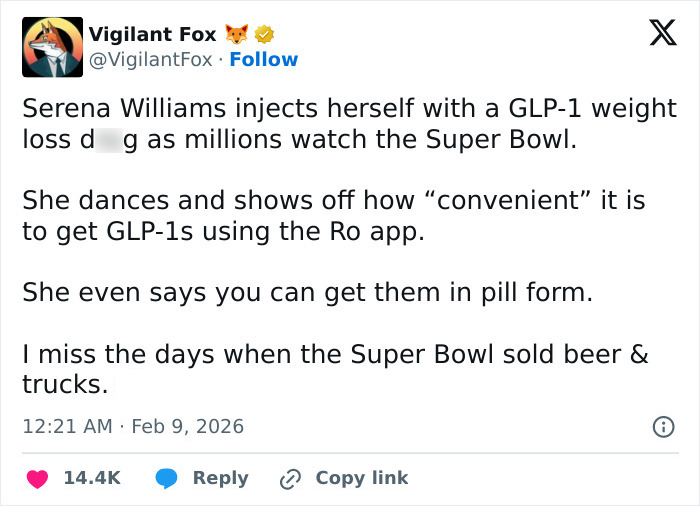 Tweet screenshot discussing Serena Williams Super Bowl ad featuring her GLP-1 weight loss transformation controversy.