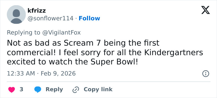 Tweet reacting to a Super Bowl ad, expressing concern over children's excitement amid controversy involving Serena Williams.