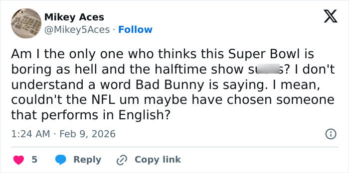 Tweet criticizing the Super Bowl 2026 halftime show for poor performance and language complaints by the public.