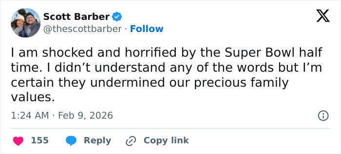 Tweet from Scott Barber expressing shock over Super Bowl halftime, highlighting heated debate and fans translating Bad Bunny&rsquo;s explicit lyrics.