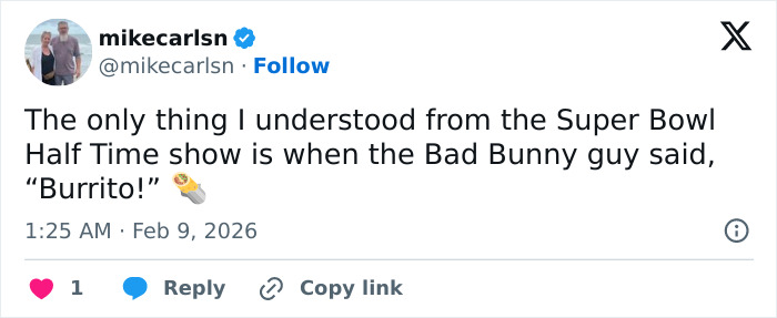 Tweet about Super Bowl 2026 halftime show criticism mentioning Bad Bunny and a humorous complaint.