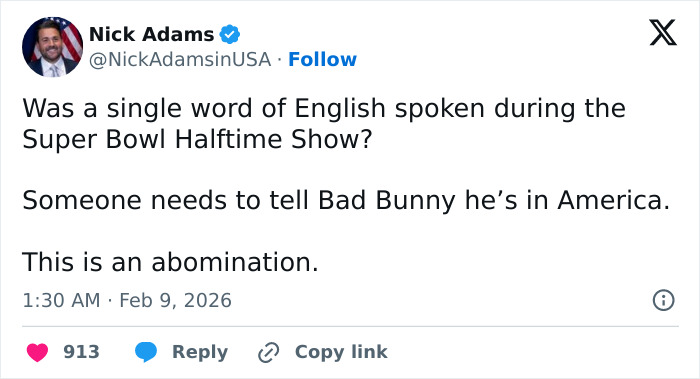 Screenshot of a tweet criticizing Bad Bunny's Super Bowl 2026 halftime show for not including English language content.