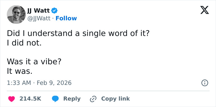 JJ Watt's tweet reacting to Bad Bunny's Super Bowl 2026 halftime show amid Trump's controversy.