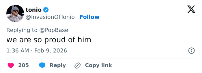 Screenshot of a tweet showing a user praising an artist related to the Super Bowl 2026 halftime show controversy.