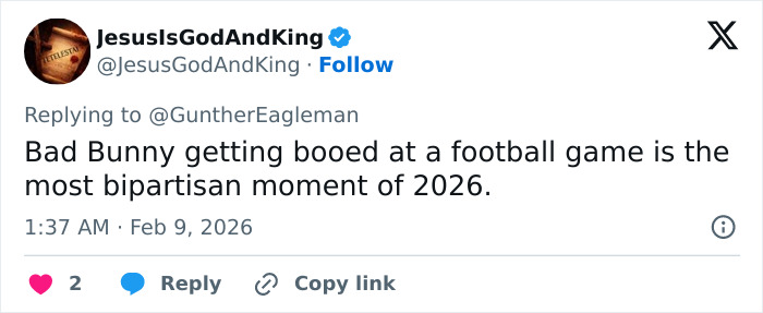 Tweet about Bad Bunny being booed at 2026 Super Bowl halftime show reflecting public complaints.