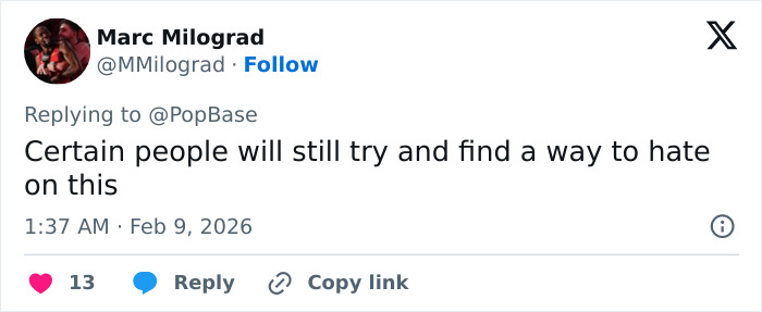 Screenshot of a tweet from February 9, 2026, reacting to the Super Bowl 2026 halftime show criticism.