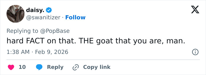 User @swanitizer replying to @PopBase with a comment about the Super Bowl 2026 halftime show amid public criticism.