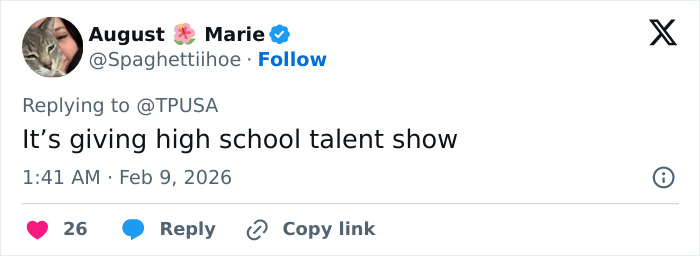 Screenshot of a tweet replying to TPUSA, comparing Turning Point USA's alternate halftime show to a high school talent show.