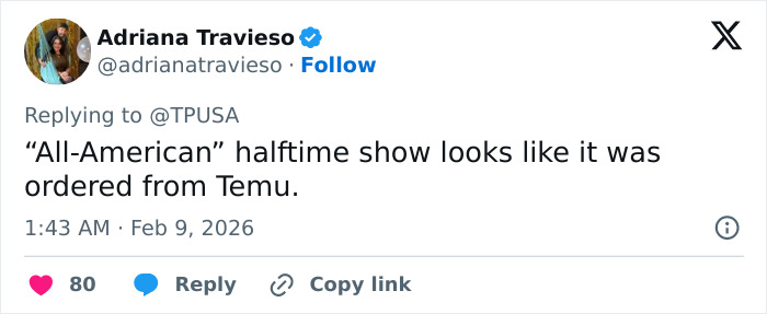 Screenshot of a tweet roasting Turning Point USA's alternate halftime show with a sarcastic comment on its quality.