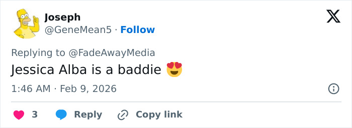 Tweet praising Jessica Alba as a baddie with a heart-eyes emoji amid Super Bowl halftime show dancing controversy.