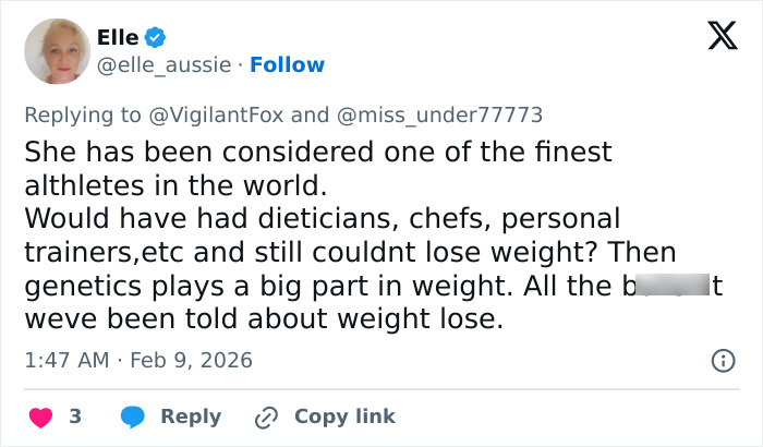 Tweet discussing Serena Williams&rsquo; controversial weight loss transformation and backlash over a Super Bowl ad.