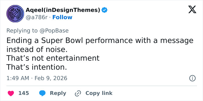 Tweet criticizing Super Bowl 2026 halftime show for its lack of entertainment and public complaints about the performance.
