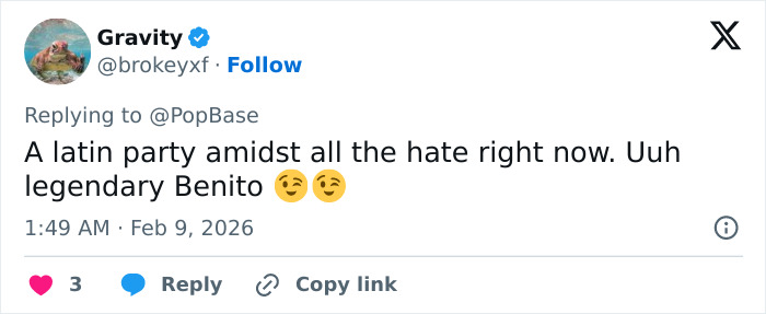 Screenshot of a tweet criticizing the Super Bowl 2026 halftime show, referring to it as legendary Benito amid negative reactions.