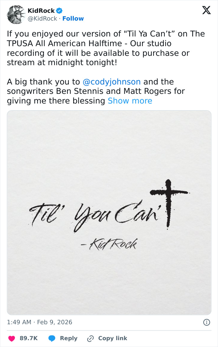 Kid Rock tweet promoting studio recording of Til Ya Can't after alternative halftime show response.