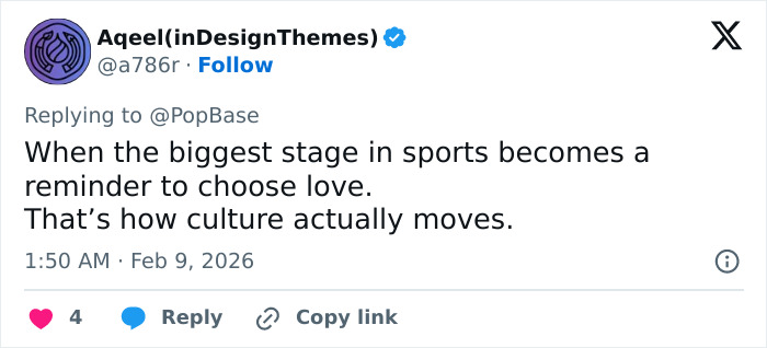 Tweet from Aqeel at 1:50 AM Feb 9, 2026, highlighting culture and love during the Super Bowl 2026 halftime show.