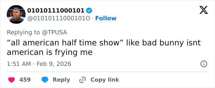Screenshot of a tweet criticizing Turning Point USA's alternate halftime show, mentioning Bad Bunny and American identity.