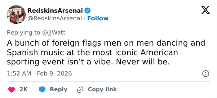 Tweet criticizing Bad Bunny&rsquo;s Super Bowl 2026 halftime show featuring Spanish music and dancing at the iconic American event.