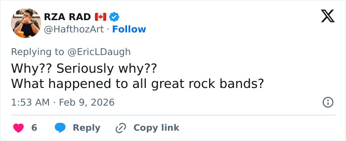 Tweet from user questioning the quality of Super Bowl 2026 halftime show and lamenting the decline of great rock bands.