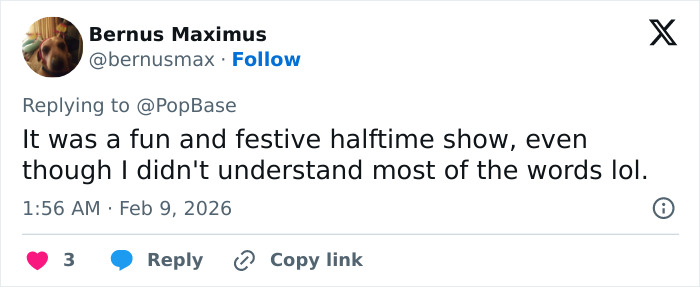 Tweet from Bernus Maximus commenting on the Super Bowl 2026 halftime show being fun yet confusing for some viewers.