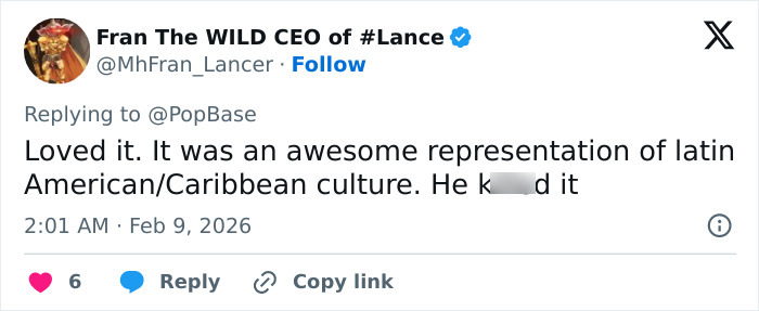 Screenshot of a social media post reviewing the Super Bowl 2026 halftime show mentioning Latin American culture.