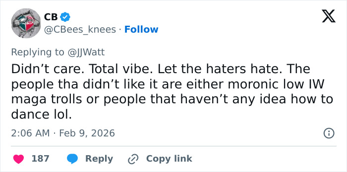 Tweet about Bad Bunny&rsquo;s Super Bowl 2026 halftime show, defending it against negative comments and criticism.