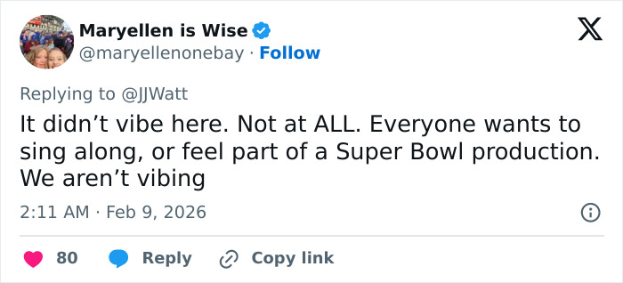 Tweet screenshot showing a user criticizing the lack of vibe during Bad Bunny's Super Bowl 2026 halftime show performance.