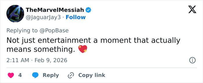 Tweet about the Super Bowl 2026 halftime show expressing it as a meaningful moment amid public complaints.