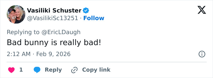Tweet by Vasiliki Schuster criticizing the Super Bowl 2026 halftime show performance by Bad Bunny.