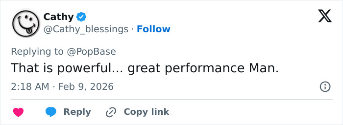 Screenshot of a user praising a performance in a tweet about the Super Bowl 2026 halftime show controversy.