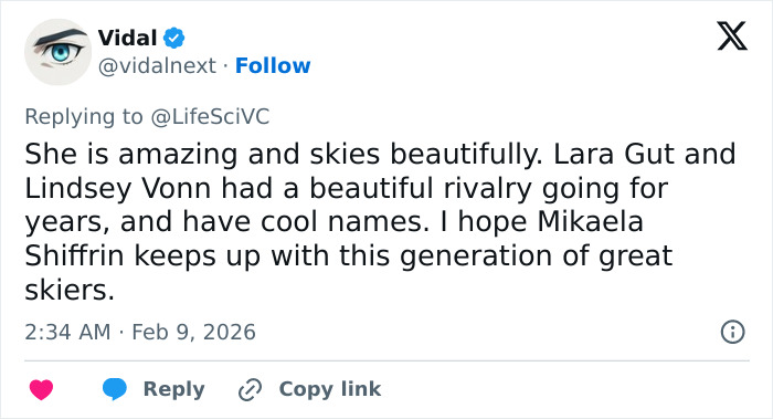 Tweet discussing Olympian Lindsey Vonn, her rivalry with Lara Gut, and hopes after her horrific crash and leg injury risk.