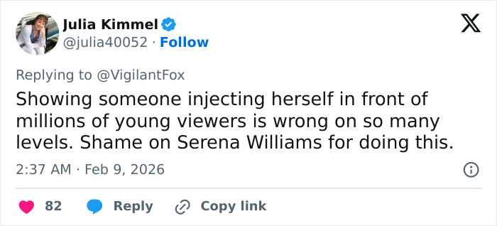 Tweet criticizing Serena Williams over a controversial Super Bowl ad related to her weight loss transformation.