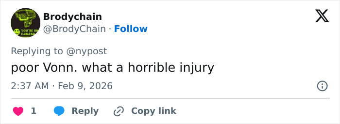 Tweet expressing sympathy for Lindsey Vonn’s injury after Winter Olympics crash and ICU stay details.