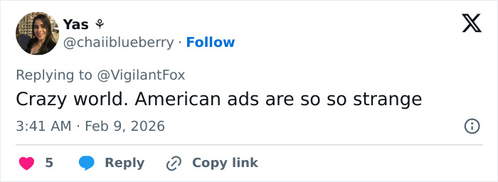 Tweet by Yas criticizing American ads, with discussion around Serena Williams slammed over a controversial Super Bowl ad.