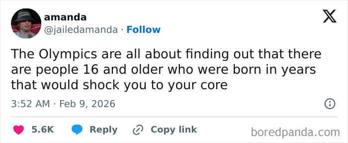 Screenshot of a funny tweet about the 2026 Winter Olympics revealing surprising athlete ages and reactions.