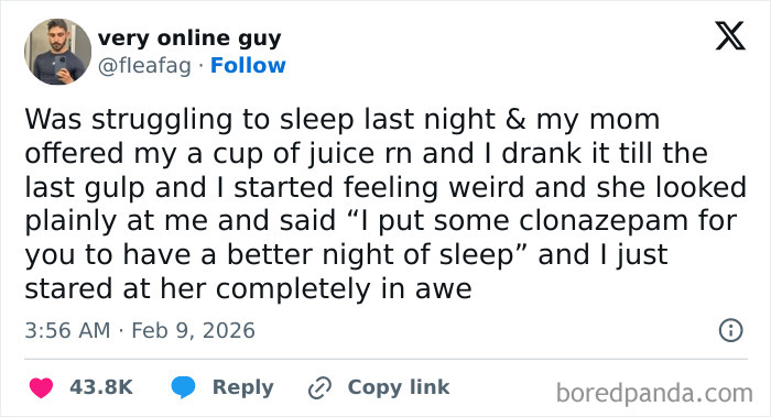 Screenshot of a humorous X post showing a person sharing a funny story about coping with sleep struggles in February.