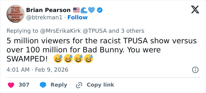 Tweet criticizing Turning Point USA&rsquo;s alternate halftime show viewership compared to Bad Bunny&rsquo;s audience, mentioning Erika Kirk.
