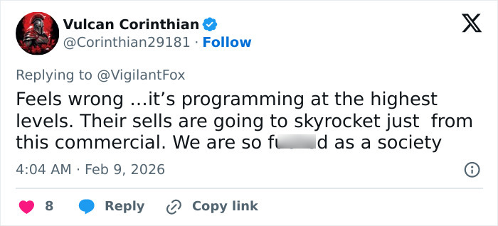 Tweet criticizing a Super Bowl ad featuring Serena Williams amid controversy over her weight loss transformation.