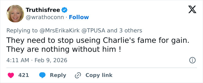 A social media post roasting Erika Kirk after speaking out on Turning Point USA's alternate halftime show.